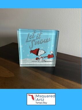 Peanuts Snoopy Woodstock Let It Snow Glass Block Tabletop Decor Christmas